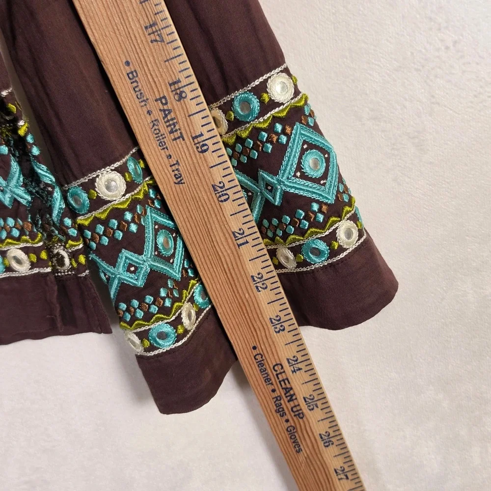 Tory Burch Tunic Women 2 Brown Boho Coastal Festival Embroidered Blue Resortwear